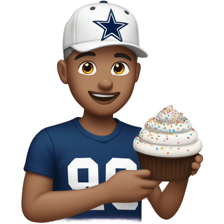 short hair white guy with a dallas cowboys hat enjoying a sprinkles cupcake  emoji