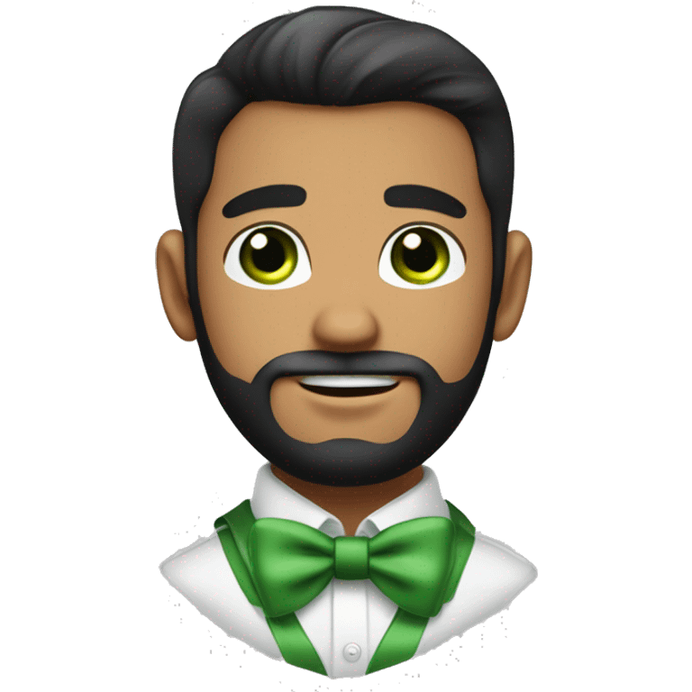 Young round face handsome man with bow tie and green eyes and full beard, black hair , bushy eye brows ballon face hair on forehead  emoji