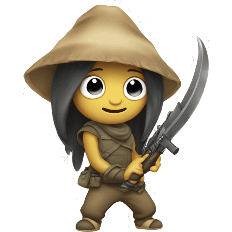 A cute Mokoko Seed character holding a weapon, perfect for adding a playful yet adventurous touch to your chats. emoji