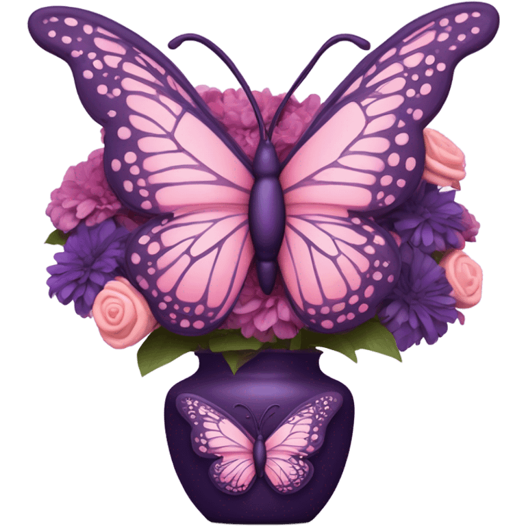 Aesthetic butterfly with purple and pink wings sitting on a dark purple bouquet of Brats in a pastel pink vase  emoji