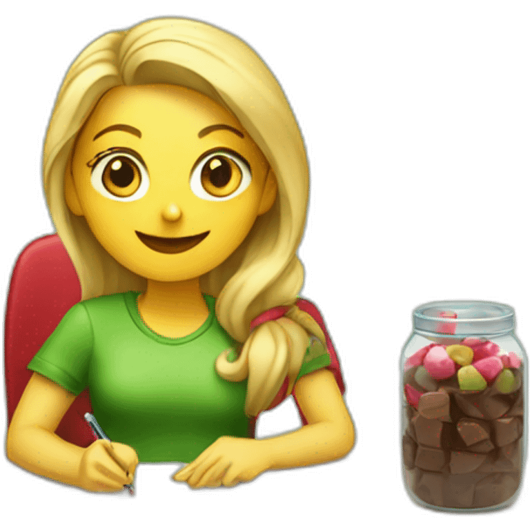 Girl with blonde hair sitting at a desk wrapping chocolate candies with solid green background red shirt emoji