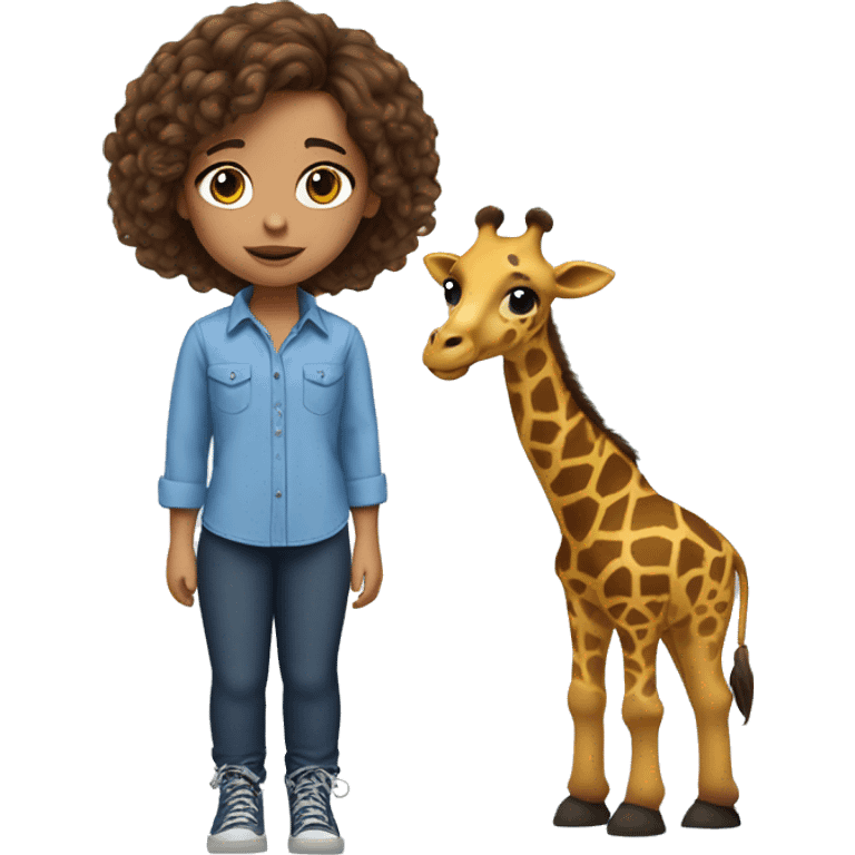 10 year old girl with brown eyes, brown tangled hair, big lips, blue shirt, blue and black pants, whit shoes, with a giraffe next to her  emoji