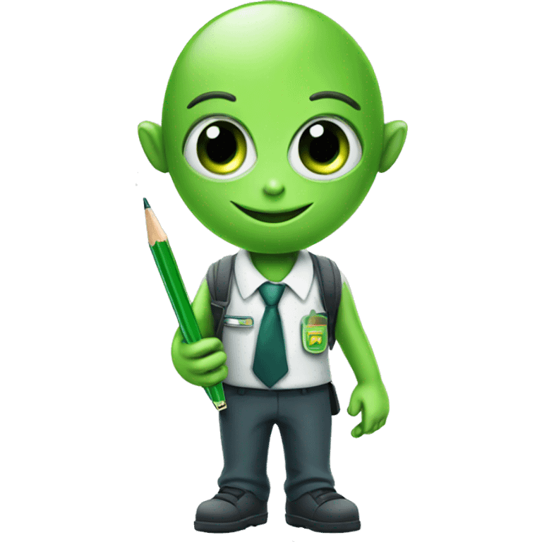 a green alien in school uniform holding a pen emoji