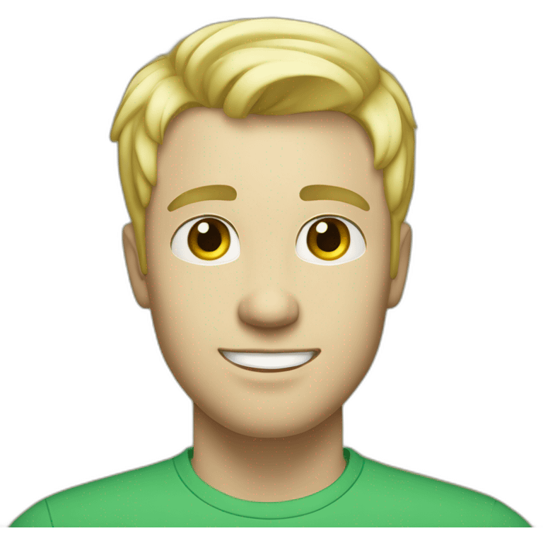 men 30 years old,blond short haire, white skin, blue eyes, green tee-shirt  emoji