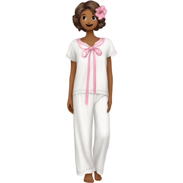 white long flowy brandy melvile pyjamas with pink flowers and bows on  emoji