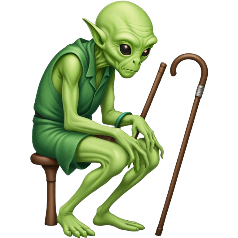 Green Alien looks like an old man hunched over using a cane emoji