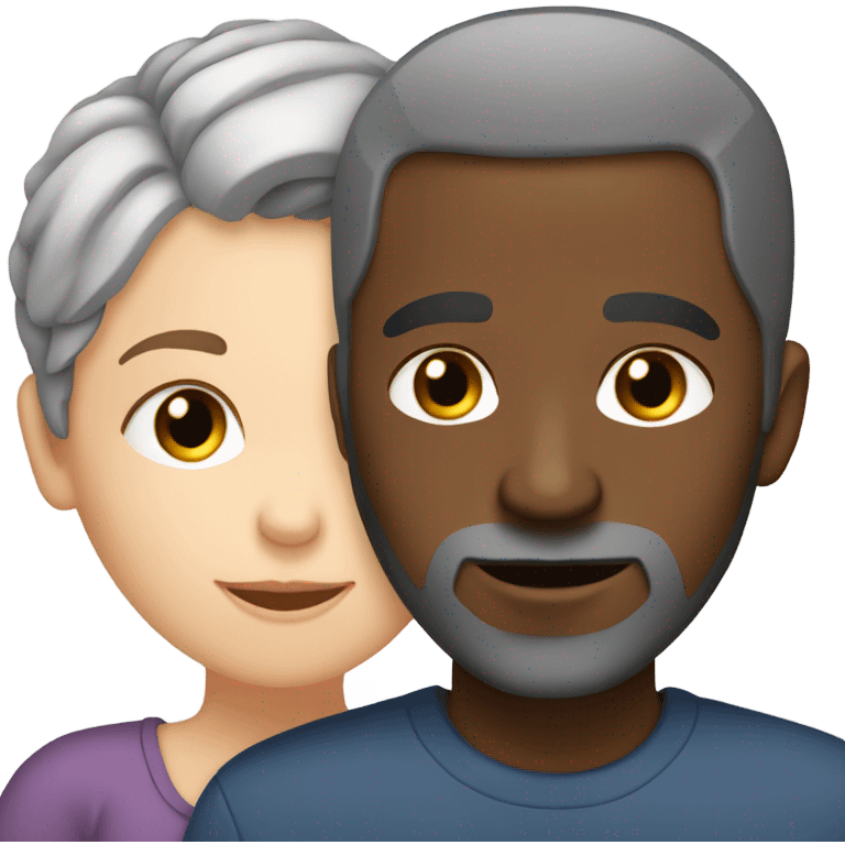 White woman short gray hair kissing black man with brown hair and beard  emoji