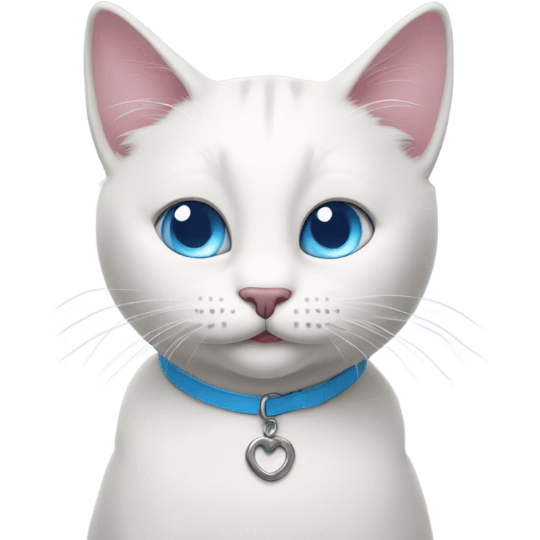 Happy white cat with blue eyes wearing purple collar  emoji