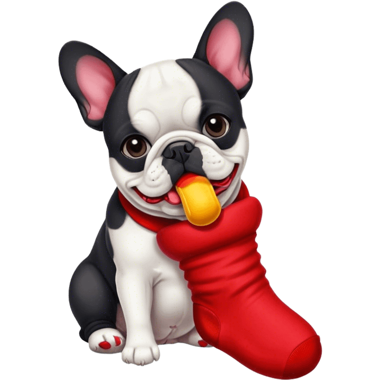 Black and white Bouledogue français eating a red sock  emoji