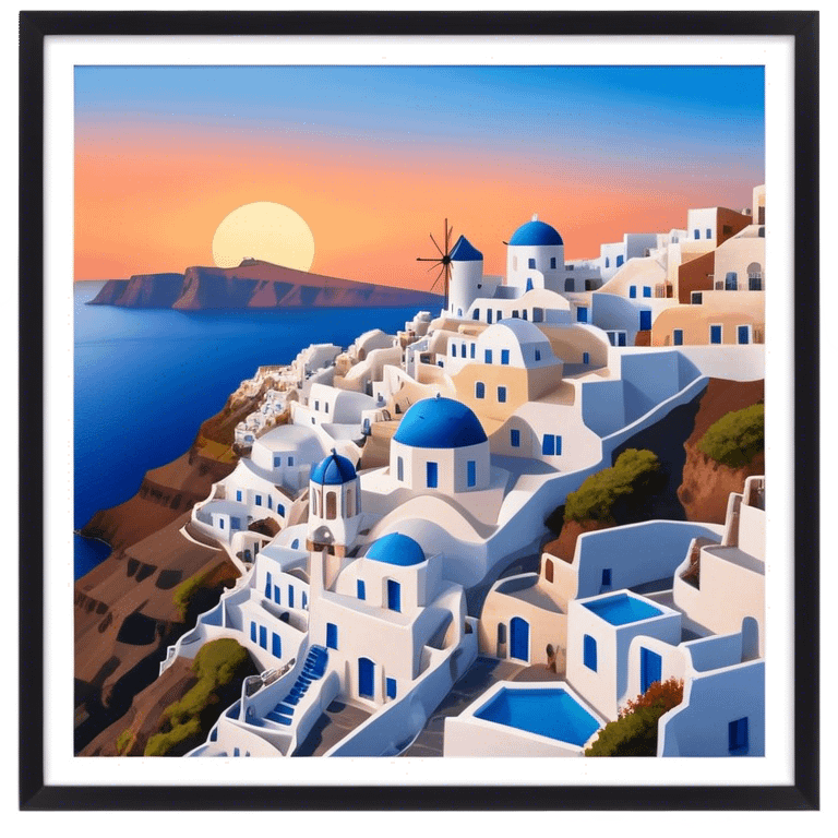 Cinematic Realistic Santorini Caldera Landmark Emoji, featuring white-washed buildings perched on volcanic cliffs, overlooking the deep blue Aegean Sea, with warm sunset hues illuminating the sky and reflecting off the water. emoji