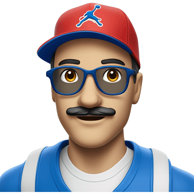 Homme européen yeux bleus avec une moustache portant des lunettes bleues , une casquette jordan bleu , un survêtement bleu emoji