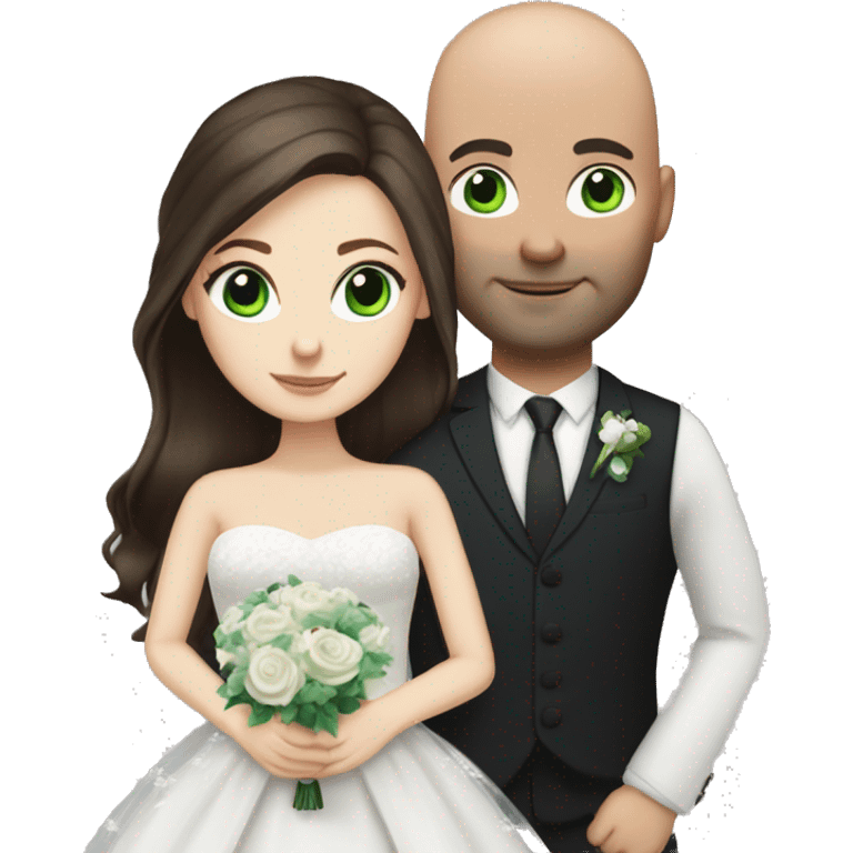 white girl with green eyes and long dark brown hair in wedding dress with bald husband with blue eyes emoji