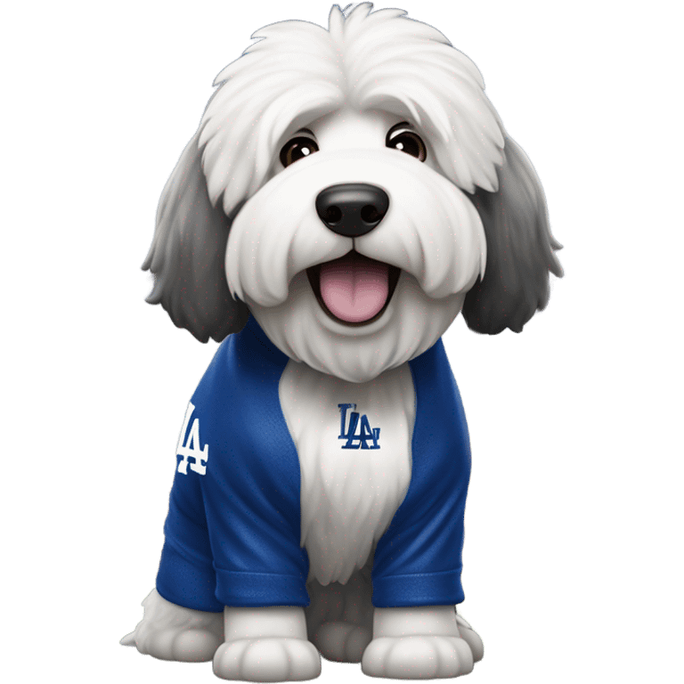 Old English Sheepdog full height wearing a Los Angeles dodgers jersey emoji