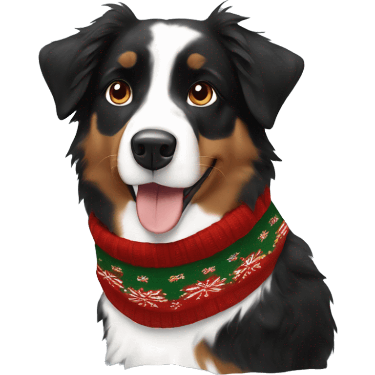 Black and brown Australian shepherd with Christmas sweater emoji