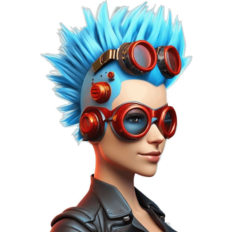 Light blue Mohawk hair female cyborg head with red steampunk goggles and circuits emoji