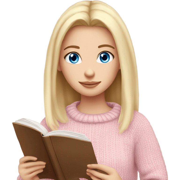 Pretty blue eyed white girl with light pink sweater reading cozy emoji