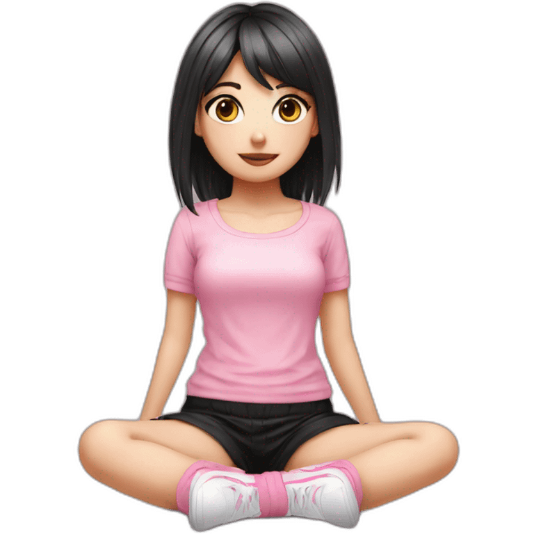 full body Front view emo girl sits on the floor black skirt pink knickers emoji