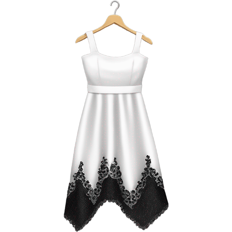 Realistic isolated long fancy beautiful feminine white square neck dress with shiny glitter black sequin lace and split up the leg of the dress on a clothes hanger. emoji