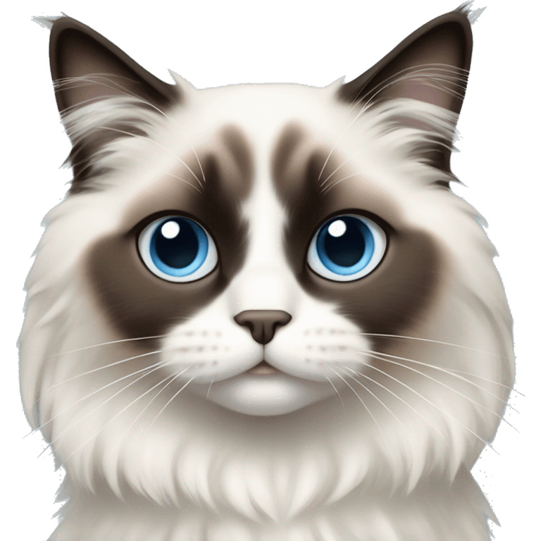 Cute ragdoll cat with black face in the center and slowly turning to white, big light blue eyes, adorable emoji emoji