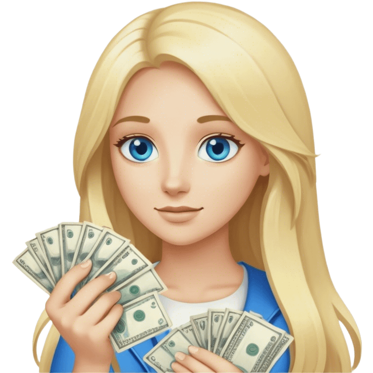 Cinematic realistic blonde with long hair, blue eyes holds money in her hands emoji