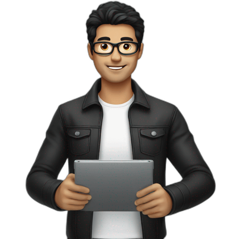 male holding a digital tablet eye glasses black hair emoji