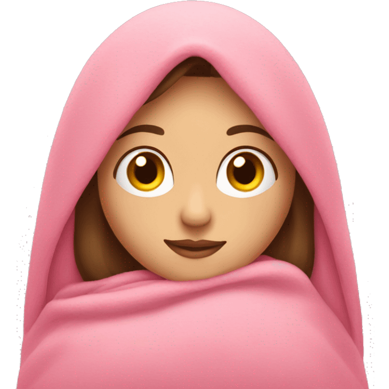 Brunette caucasian woman cuddled in a big pink blanket emoji