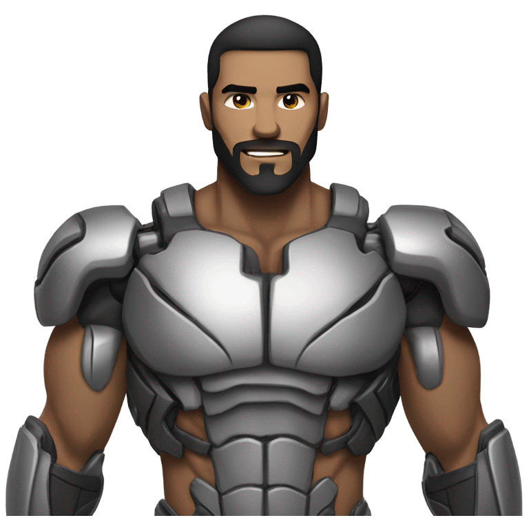 muscular cyborg face half human with short straight, dark hair and a neatly trimmed beard emoji