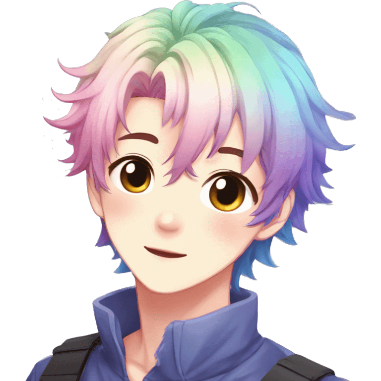 Gorgeous anime style shojo man with blushing face aesthetic and pretty colorful shiny gradient pastel hair trending style emoji