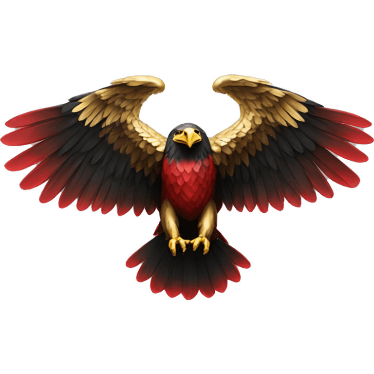 An imposing eagle with outstretched wings, symbolizing strength and leadership, in red, black, and gold emoji