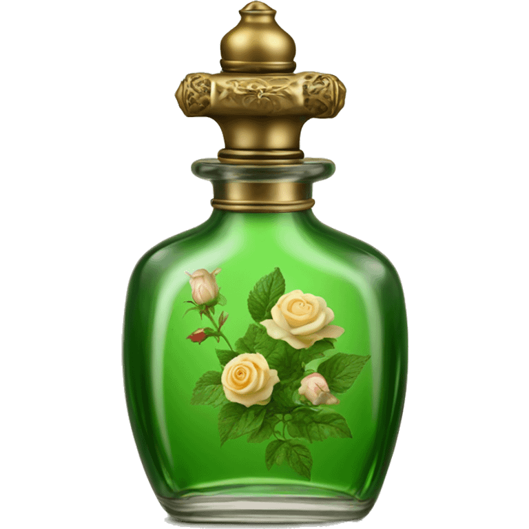 Green magic old Antique oil perfume bottle with herbal and rose flowers emoji