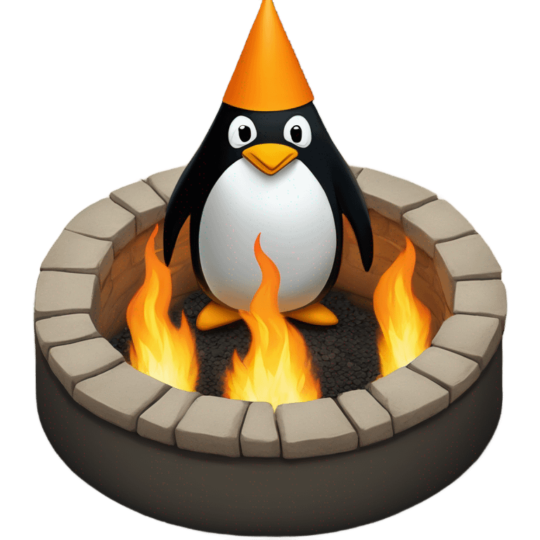 Penguins circling a fire pit while wearing duns caps emoji