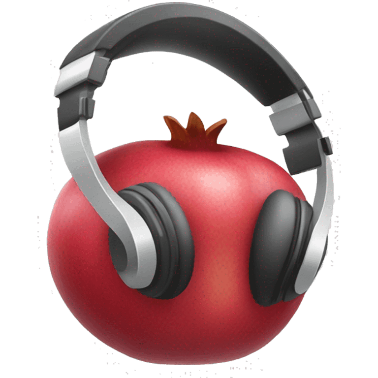 An IOS, Apple designed pomegranate emoji that is wearing headphones, facing to the right slightly. White background. Simple design. emoji