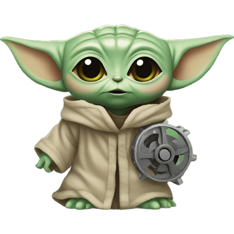 Baby Yoda with a scared face holding a gear emoji