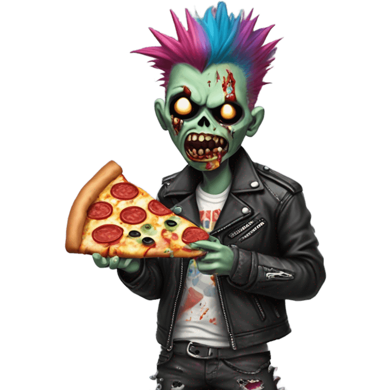 Punk rock zombie with melted face eating a slice of pizza emoji