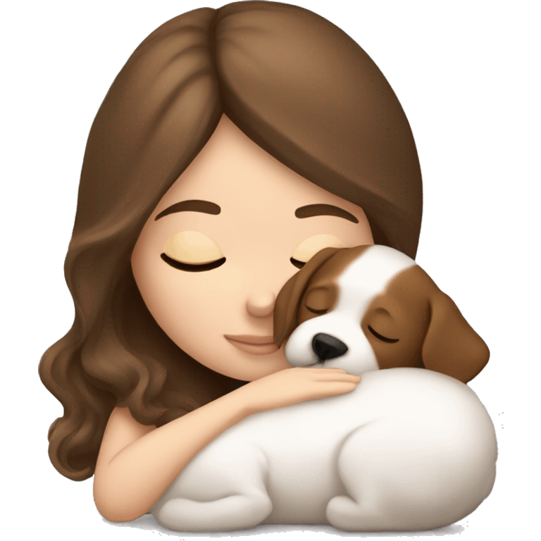 White girl brown hair sleeping with puppy emoji