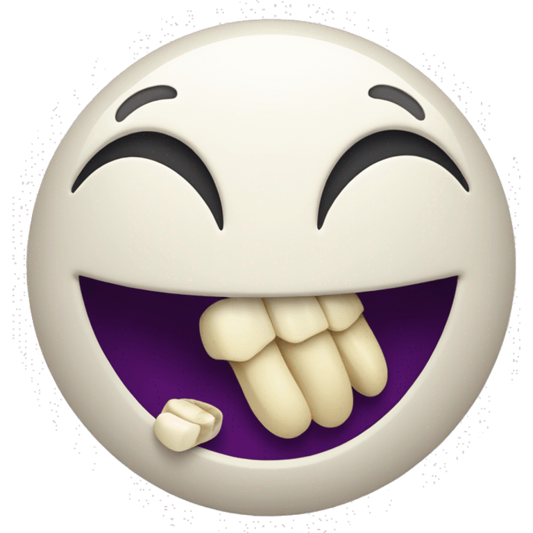 A laughing smiley face with a bone in its mouth emoji