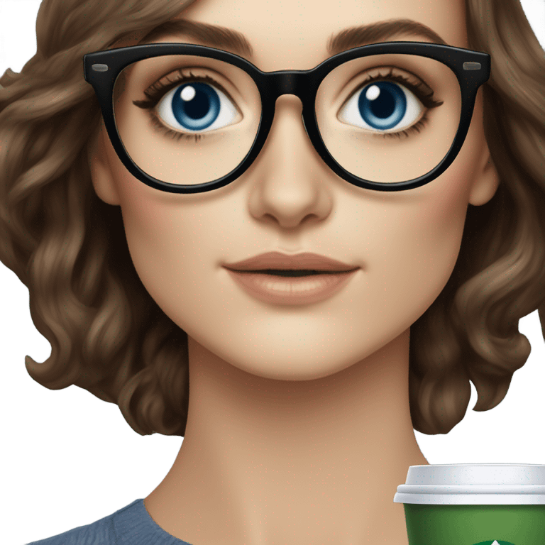  ⁸lHyper Realistic Photo keireav Knightly wearing black glasses and blue eyes holding Starbucks  emoji