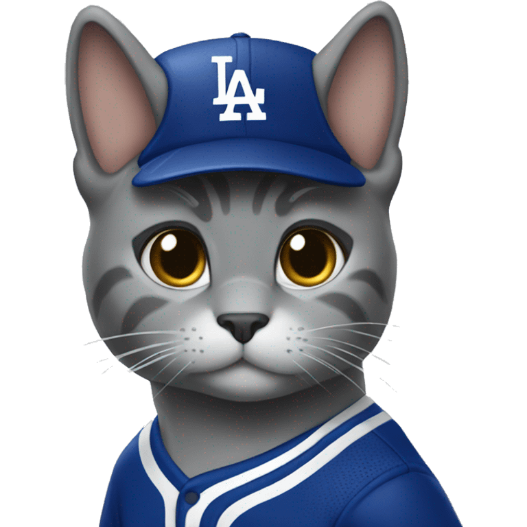 Grey Cat wearing a dodgers uniform doing a sad face emoji