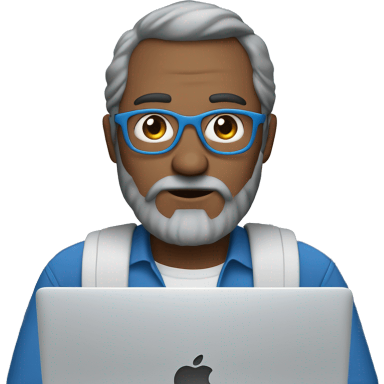 Brown hair. man. long grey beard. blue eyes. No eye brows. behind Apple Mac laptop emoji