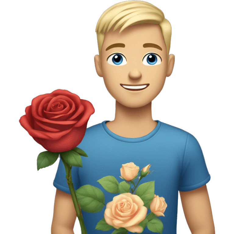 blonde haired 18-year-old boy, buzz cut hair, blue eyes, blue top, blue background, holding a rose  emoji