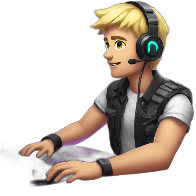 Blonde short hair Gamer guy with mic on mic arm sitting at desk with neon lights in gaming room environment emoji