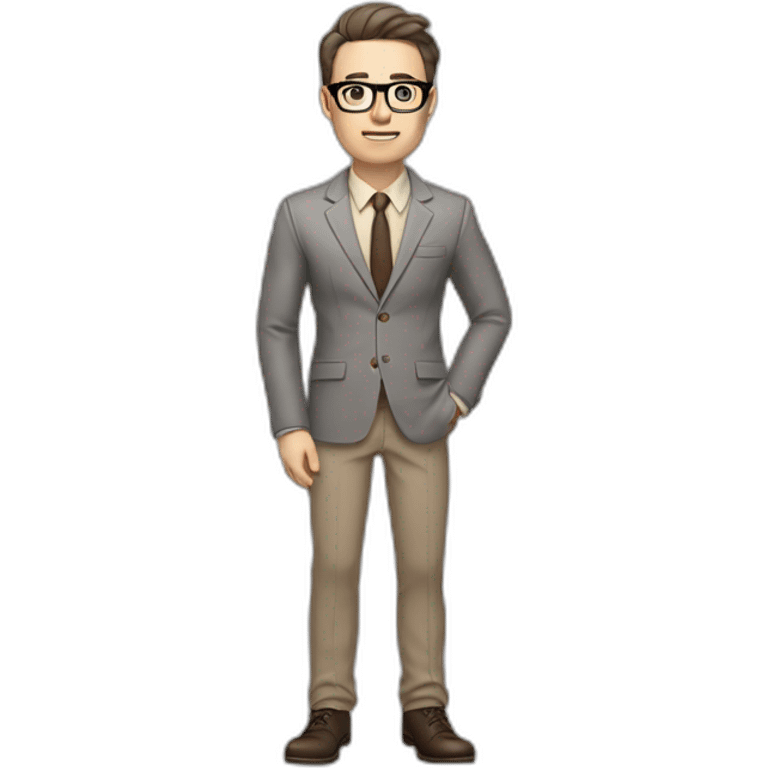 Full height Gesticulating Pale skinned fit man with dark brown hair in gray jacket, beige office shirt, brown tie, brown pants and vintage glasses. emoji