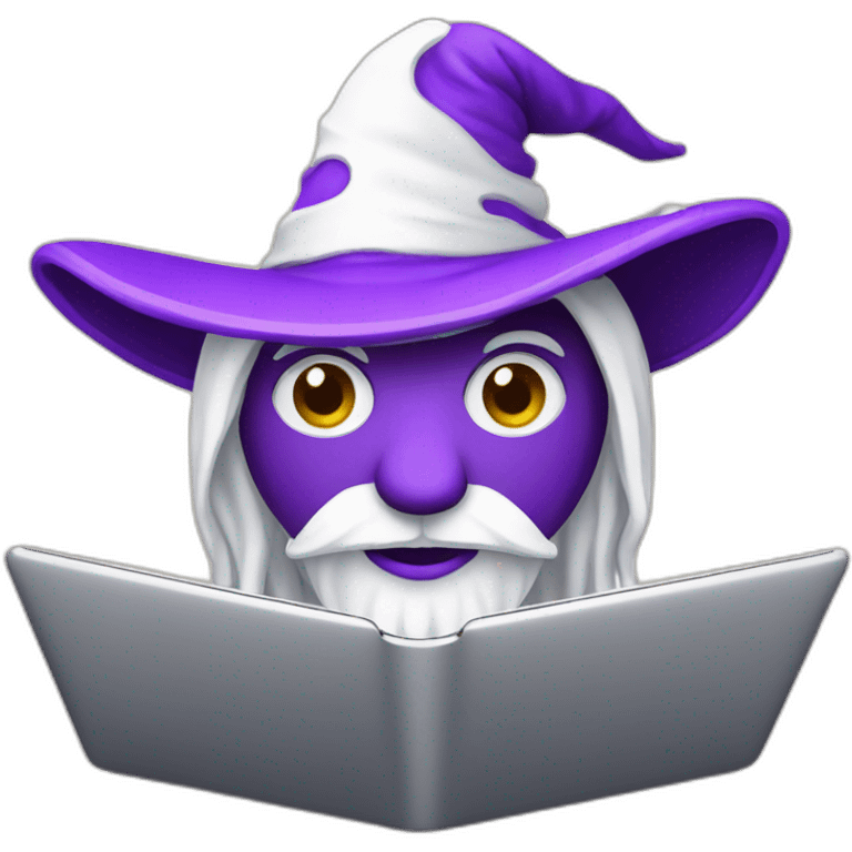 white magician with a purple magic hat working on a macbook emoji