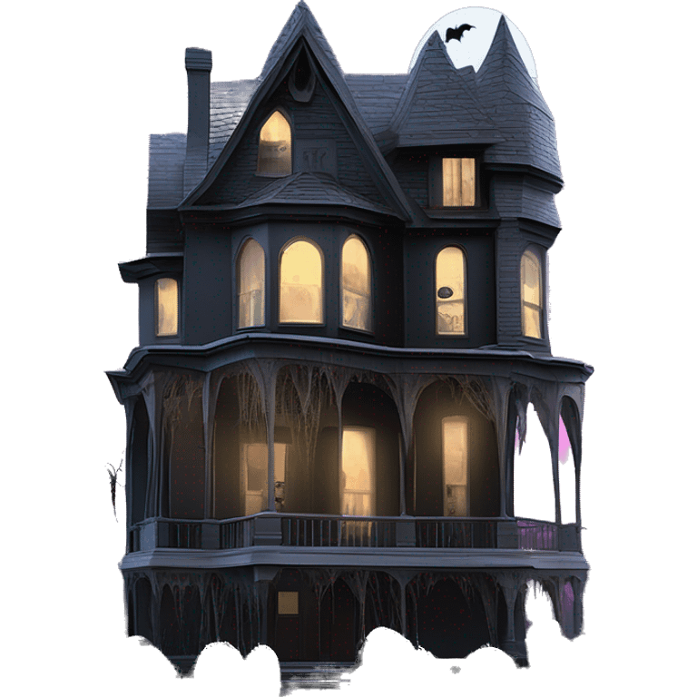 Barbie’s and Batman’s 6 story tall very haunted dream house with complete wrap-around porch and spider webs everywhere and some broken windows and boards  emoji