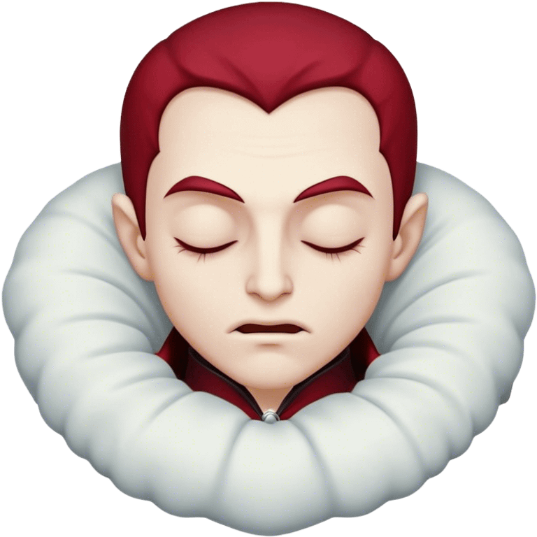 Meme-Worthy Cute Sleeping Vampire Portrait Emoji, with a refined, small, pale face softened by closed, serene eyes and a slight, peaceful smile, adorned in miniature elegant dark attire with a hint of fading crimson, simplified yet irresistibly adorable, highly detailed with a soft ethereal outline that captures the drowsy charm of a vampire in quiet nighttime slumber! emoji