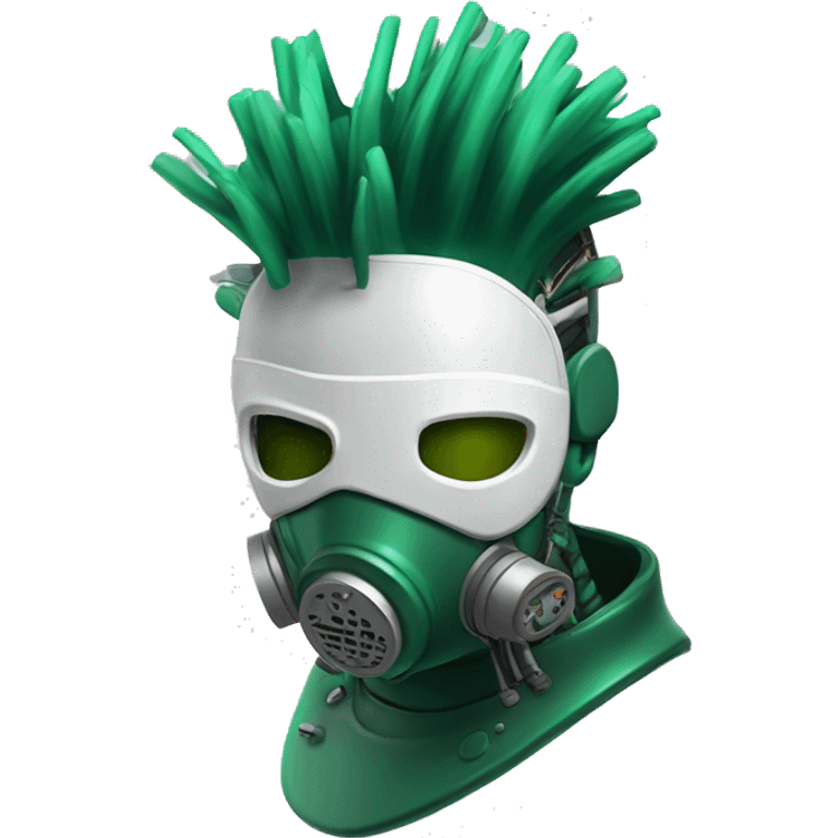 Dark green Mohawk female cyborg head with white respirator mask and circuits emoji