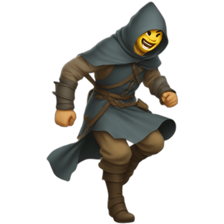 medieval saboteur laughing and escaping, hooded emoji