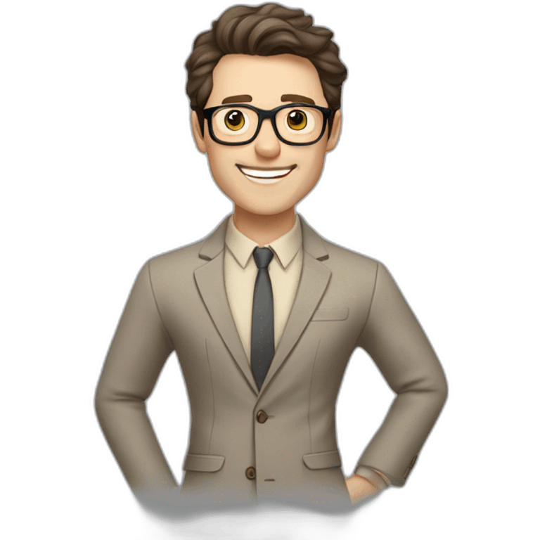 Joyful Pale skinned Fit Man With dark brown hair in gray jacket, beige office shirt, Brown pants and vintage glasses. His thrumbs up emoji