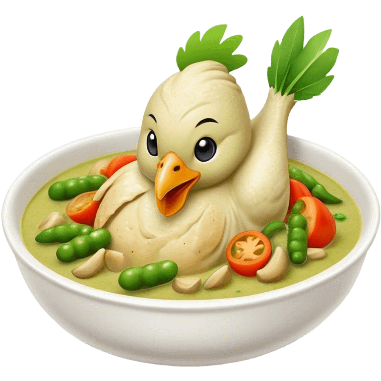 Cinematic Realistic Green Chicken Curry Dish Emoji, depicted with tender chicken simmered in a fragrant green curry sauce with vegetables rendered with rich textures and dynamic, vibrant lighting. emoji