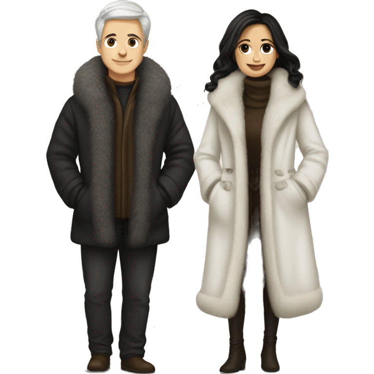 Dark haired White couple in long fur coats emoji